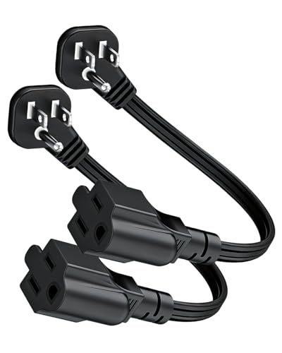 TCKN Flat Plug Short 1ft Extension Cord for Small Tight Spaces Black 2-Pack