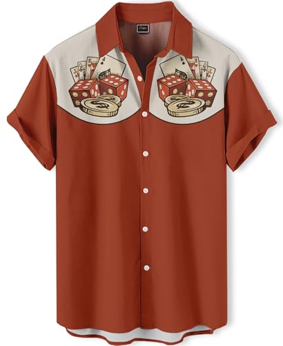 DADDYLOCO Retro Casino Bowling Shirt, Dice and Cards Print, Short Sleeve Button Down, Rust Orange