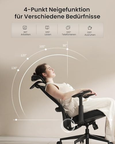 ProtoArc EC200 Bürostuhl Ergonomisch, Schreibtischstuhl mit Höhen- und Tiefenverstellbarer Lendenwirbelstütze, Sitztiefe, Höhenverstellbar, 3D-Kopfstütze, Computerstuhl für Home Office Chair, Schwarz