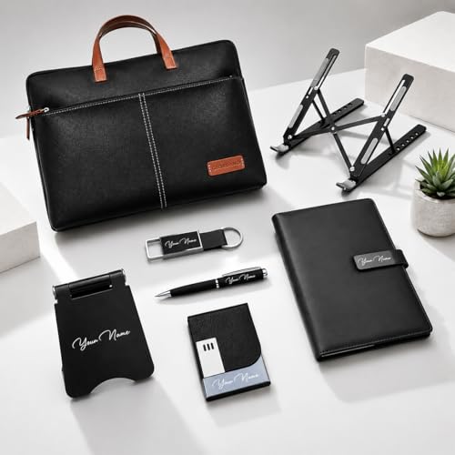 Image of Giftana 7 in 1 Laptop Bag & Laptop Stand Set with Personalized Diary, Pen, Keychain, Card Holder & Mobile Stand, Customized Corporate Gift for Employees, Husband, Welcome Kit for Men & Women (Black)