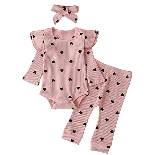 Xumplo Newborn Baby Girl Clothes Infant Girl Heart Prints Outfits Long Sleeve Romper and Pants Clothing Sets Pink 1-3 Months