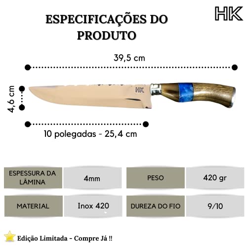 Faca Churrasco Artesanal - Aço Inox 4mm de 10” - Cabo de Chifre, Resina e Madeira Nobre - Faca do Ch