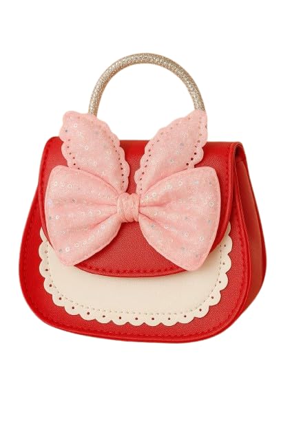 Girls' Princess Sling Bag, Pearl Handle with leather Strap, Sequined Bow Design, Multi-Colour