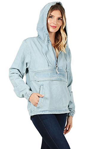 Women's Premium Cotton Casual Hoodie Half Zip Pullover Denim Jean Jacket (Light Blue, Xl) #TOP2