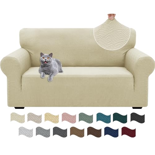 Ystyle Funda Sofa 2 Plazas Ajustable, Fundas para Sofa Elasticas, Funda De Sofa Anti Gatos Perros, Sofa Cover con Reposabrazos, Jacquard Fundas Cubre Sofa Ntideslizante Lavable, Beige Claro