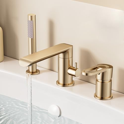 3 Hole Bath Tap with Shower 360° Rotation Single Lever Bath Shower Tap Copper,Brushed Gold