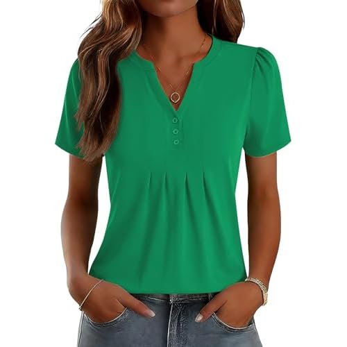 LOMON Womens Tops Dressy Casual V Neck Short Sleeve Shirts Summer Pleated Blouses Button Down Tunic Loose Fit Green Large