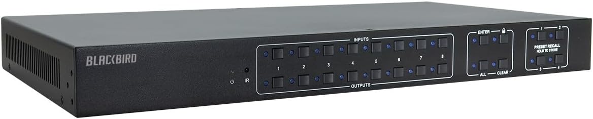 Rear panel of the Monoprice Blackbird 4K 8x8 HDMI Matrix Switch showing HDMI inputs, outputs, SPDIF, RS232, and Ethernet ports.