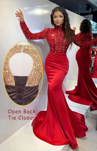 Sparkly Sequin Prom Dresses with Sleeves Satin Formal Dress Mermaid Evening Gown Long Open Back JS00242