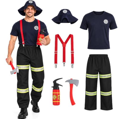 6Pcs Firefighter Costume Men Adult Fireman Uniform Fire Halloween Costume