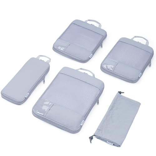 Narwey 5 Set Compression Packing Cubes for Suitcases and Backpack, Suitcase Organiser Bags Travel Packing Cubes Shoes Bags for Carry on Hand Luggage Travel Essentials Bag (Grey)