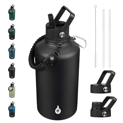 With Straw Lid, 87oz Large, Stainless Steel Water Bottles With 3 Lids And Paracord Strap, Double Wall Vacuum Metal Jug, Black