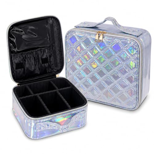 Image of SHAMAX Professional Makeup Case Organizer Bag for Women, Travel Cosmetic Kit Vanity Box with Adjustable Dividers, Portable Beauty Makeup Organiser & Cosmetic Travel Pouch | (Holographic Silver)