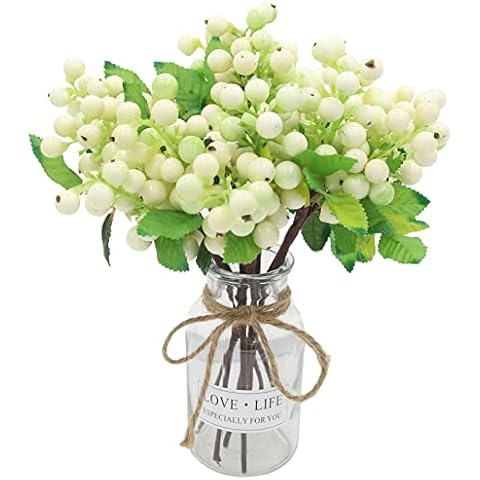 Hananona 8 Pcs Artificial Berry Stems with Green Leaves Pick Berry Spray Flower Bouquet Filler Floral Arrangement Bouquet Filler for Home Wedding Party Christmas Decoration (8, White and Green) Cover