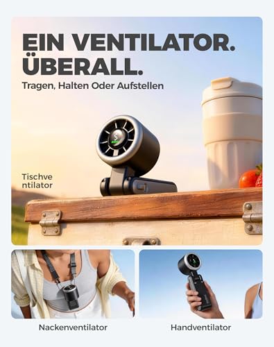 Diveblues Tragbarer Turbo Handventilator, 9m/s Hohe Geschwindigkeit, 5-stufiger Wind, wiederaufladbarer Akku, 3-in-1 Hand-, Hals- & Tischventilator, bis zu 12 Stunden, für Reisen, Büro & Outdoor 4