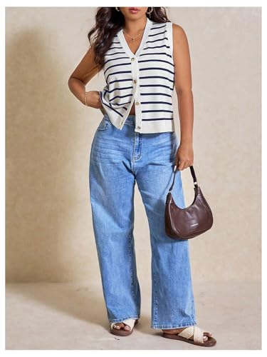 Image of Verdusa Women's Plus Size Old Money Vest Tops 2025 Striped Sleeveless Button Up Sweater Vests