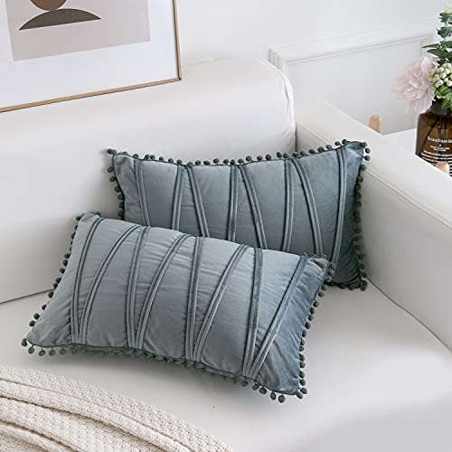 Lihio Set 0F 2 Oblong Throw Pillows Covers Decorative With Pompoms Stripe Velvet Cushion Covers Covers Soft Coach Sofa Chair Home 12X20 Inches Grey Blue #TOP6