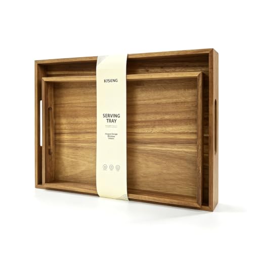 Acacia Wood Serving Trays with Handles | Decorative Serving Tray, Breakfast-in-Bed, Food & Drinks, Coffee Table, Ottoman, Patio BBQ, Party & Holiday