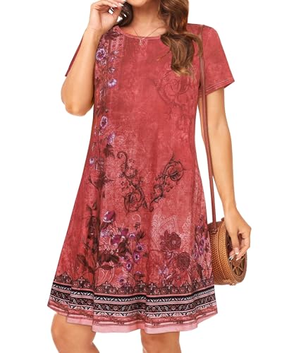 Image of Womens Summer Dresses Beach Casual Loose Tshirt Floral Short Sleeve Flowy Pockets Sundresses 2026