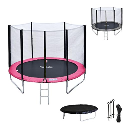 Happy Garden Pack Premium Cama elástica 180cm Reversible Rosa/Color Gris Cairns + Red de Seguridad, Escalera, Lona y Kit de Anclaje