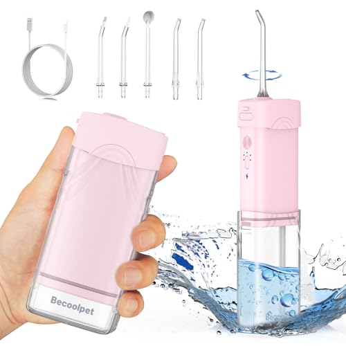 Portable Cordless Water Dental Flosser,Travel Size Collapsible Storage 5 Modes, 200 ML Telescopic Water Teeth Cleaner Pick, IPX 7 Waterproof Rechargeable,5 Jet Tips 360°Rotation (Pink)