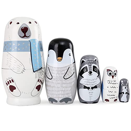 Moonmo 5Pcs Beautiful Handmade Wooden Animal Nesting Dolls Gift Polar Bear Penguin Russian Nesting Wishing Dolls Matryoshka Traditional #TOP1