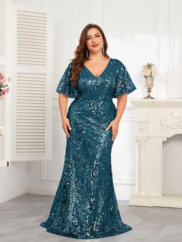 Image of Plus Size Glamous Short Sleeves Womens Sequin Dress Formal Gowns Evening Glitter Mermaid Prom Dress