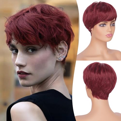 FESHFEN Pixie Cut Wigs Synthetic Short Burgundy Pixie Haircut Wig with Bangs Glueless Layered Wig Wavy Wigs for Women