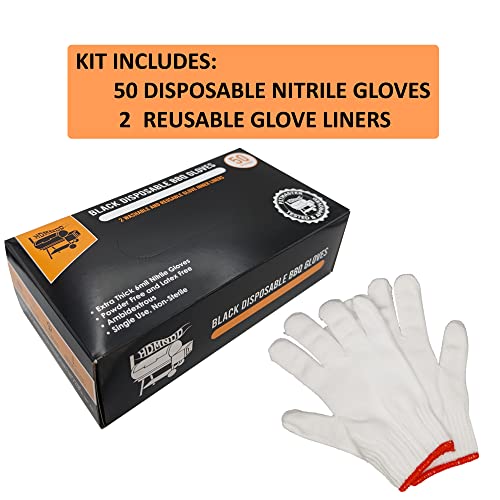 Hdmndd Black Disposable Bbq Gloves Kit - 50 Heavy Duty Full Textured Grip And 2 Heat Resistant Reusable Glove Liners For Bbq, Grilling, Meat Gloves For Pulling Meat #TOP1