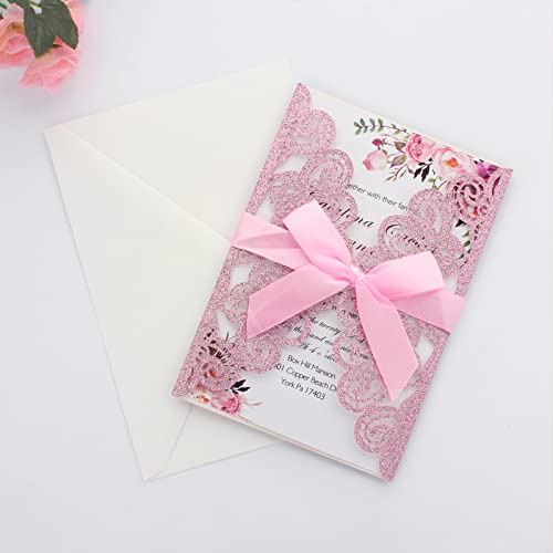 Kyutong 50Pcs Wedding Invitations with Envelopes and Rsvp Cards Pink Glitter Laser Cut Invitations with Pink Ribbons for Engagement Brithday Quinceanera Invites by Kyutong - Used condition - Image 4