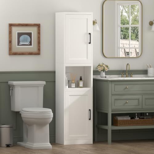 Image of Bathroom Storage Cabinet, White Cabinet with Shelves and Doors, Narrow Storage for Laundry, Tall Cupboard for Kitchen