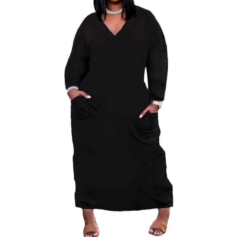 Image of Women's Oversized Tshirt Dresses Lounge Dress Maxi Long Sleeve Plus Size Outfits with Pockets Black XL