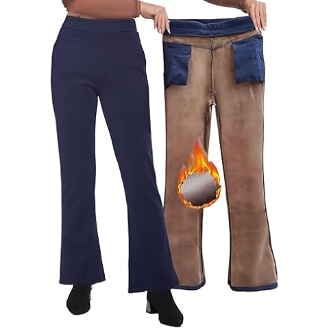 Yehopere Women's Fleece Lined Pants Thermal Flannel Lined Pants Winter Warm Bootcut High Waist Dress Pants Dark Blue Cover