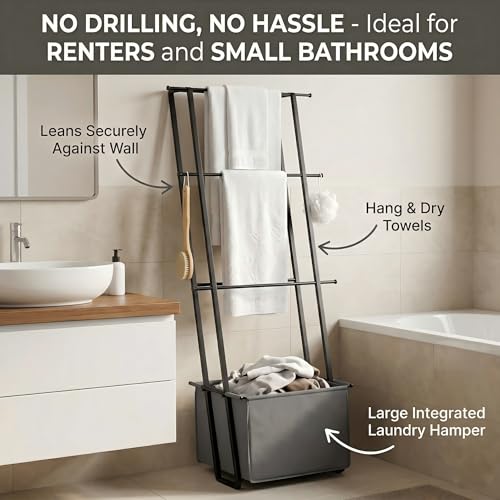 2-in-1 Leaning Blanket Ladder with Storage Basket, Matte Black Metal Towel Rack Stand, Drill-Free Space Saving Organizer for Bathroom & Bedroom Throws, 63" by Canyave - Image 3