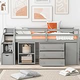 Harper & Bright Designs Twin Size Low Loft Bed with Stairs and Rolling Desk, Wood Kids Twin Loft Bed with Storage Drawers and Shelves, Low Twin Bed with Cabinet for Kids, Juniors, Teens (Grey)
