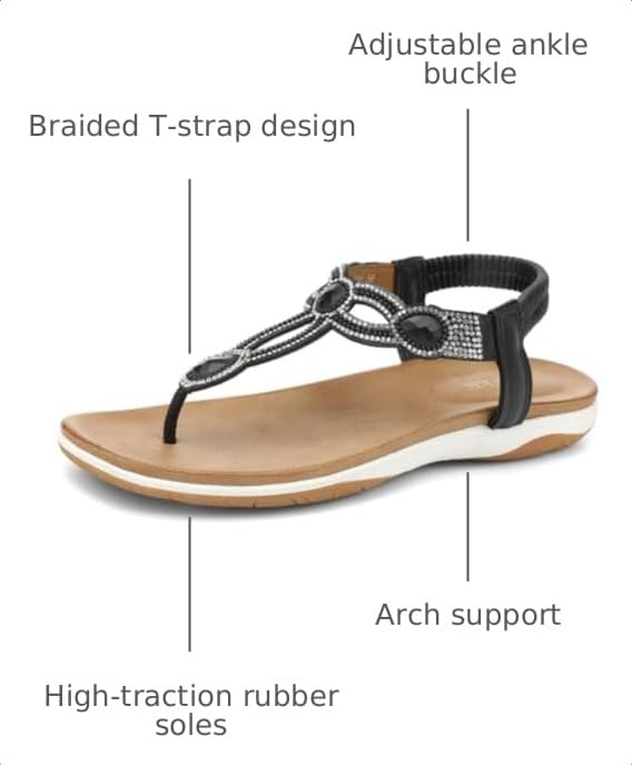 Image of UBFEN Womens Flat Sandals with Arch Support - T-Strap Thong Sandals with Elastic Back Strap, Comfortable for Walking, Bling, Rhinestone, Dressy