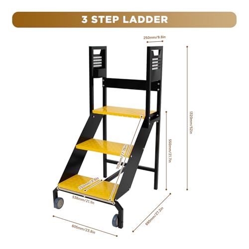 biosp 3-Step Mobile Heavy Duty Ladder with Wheels, Long Handrails, 440lbs Rolling Non-Slip Stairs, Step Stool with Fence, Steel Stepladder for Garage, Factory, Warehouse, 21.7\" Top Step Height