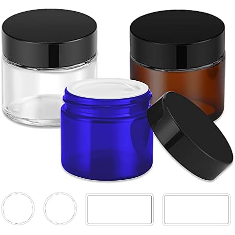Bumobum 2 oz Glass Jars with Lids, 3 pack Small Jars with White Labels & Inner Liners, Multicolor 60 ml Empty Round Cosmetic Containers for Sample, Powder, Cream, Lotion, Spice Cover