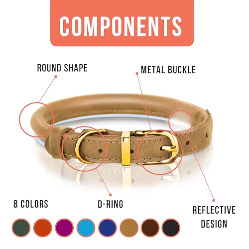 OOPSDOGGY Reflective Rolled Leather Dog Collar for Small Medium Large Dogs Puppy 8 Colors, 7 Sizes (Camel, L, 14"-18") - Image 3
