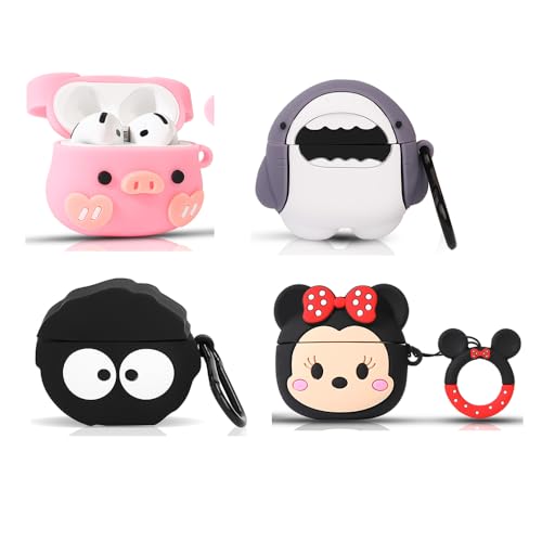(4 Pack) Cute Case for AirPods 4 Earbuds (2024), XMBYGY Silicone Cartoon Charging Case Shockproof Protective Headphones Cover with Carabiner for Man Woman Teen (MINFC+BKelf+Shark+PIGpk)