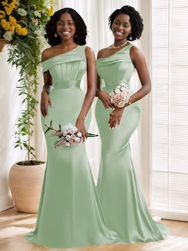 BONOYUER Satin One Shoulder Bridesmaid Dresses for Women Mermaid Corset Prom Dress Long Formal Evening Gown4