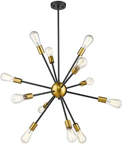 JAZAVA Modern Sputnik Chandelier Light Fixture, 12 Light Starburst Chandelier Pendant Lighting, Ceiling Lights for Kitchen Bedroom, Black & Brass Brushed