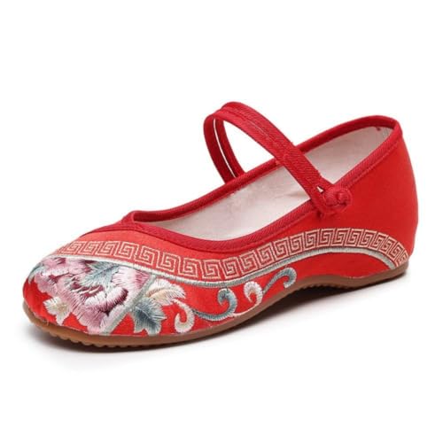 Chaussures Brodées de Style Chinois pour Femme Ballerines à Bout Rond brodées pour Femme Sandales d'été Vintage EU 38 Rouge
