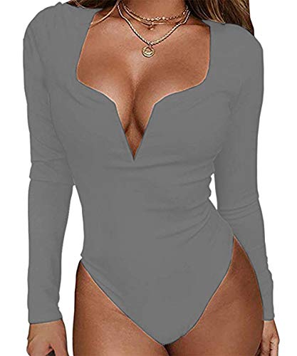 CHYRII Bodysuit for Women Long Sleeve V-Neck Sexy Snap Crotch Thong Leotard Grey L
