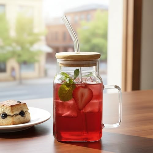 Image of ginoya brothers 600ml Mason Jar with Natural Bamboo Lid, Reusable Glass Straw & Handle | Leak-Proof Silicone Seal Glass Cup for Hot & Cold Beverages (PACK OF 2)