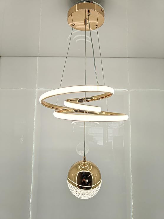Image of Modern LED Ceiling Pendant Light with Crystal Ball, Spiral Design Chandelier, Dimmable Hanging Lamp for Dining Room, Living Room, Bedroom, Hallway (Gold)
