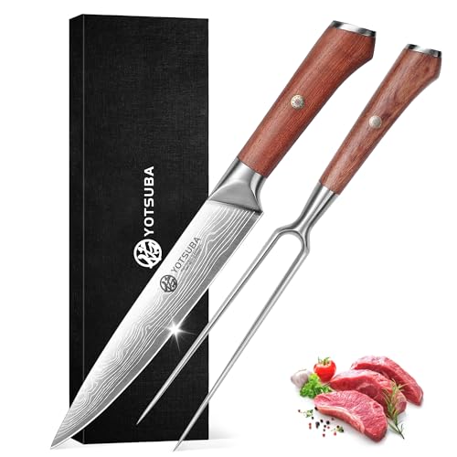YOTSUBA Japanese Carving Knife and Fork Set, Razor-Sharp German Stainless Steel, Full Tang Ergonomic Rosewood Handle, Slicing Knife for Meats, BBQ & Brisket, Premium Gift