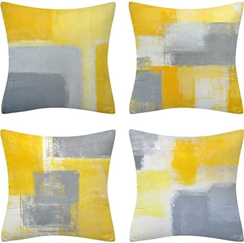 Ruedong Cushion Covers Set of 4, 18x18 Inches Decorative Throw Pillow Cover Cotton Linen Pillow case, Pillowcase with Invisible Zipper for Home Decor Couch Bed Car (Yellow Grey)