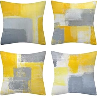 Ruedong Cushion Covers Set of 4, 18x18 Inches Decorative Throw Pillow Cover Cotton Linen Pillow case, Pillowcase with Invisible Zipper for Home Decor Couch Bed Car (Yellow Grey)
