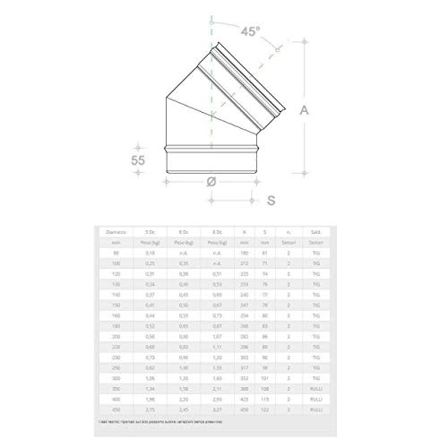 Gomito curva acciaio inox 250mm 5 decimi AISI 304 (45 gradi)